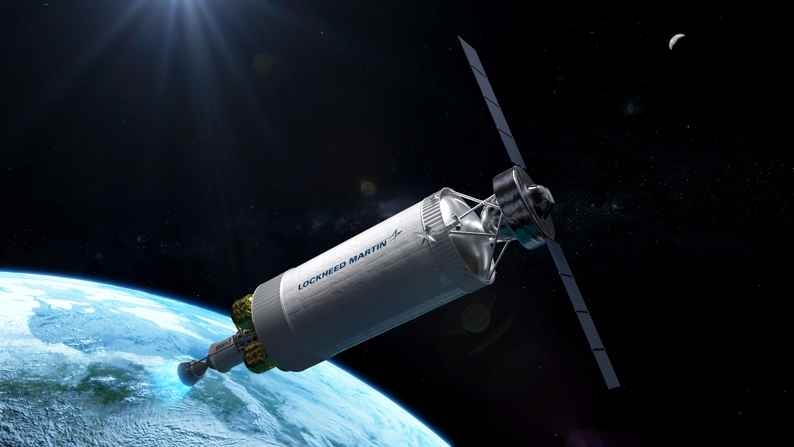Deep space spacecraft with solar panels in orbit